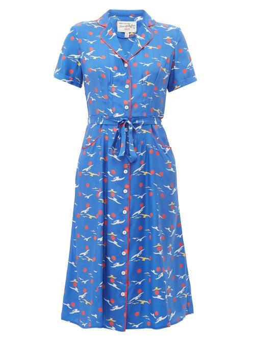 Matchesfashion.com Hvn - Maria Bird Print Silk Midi Dress - Womens - Blue