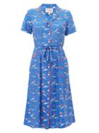Matchesfashion.com Hvn - Maria Bird Print Silk Midi Dress - Womens - Blue