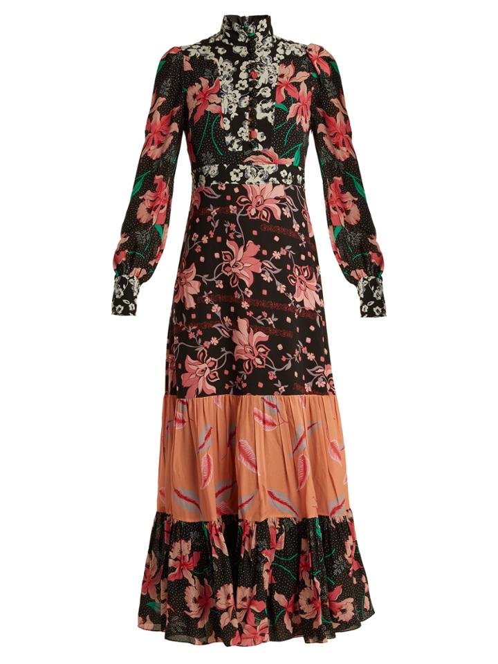 Gucci Floral Patchwork-print Stand-collar Crepe Dress