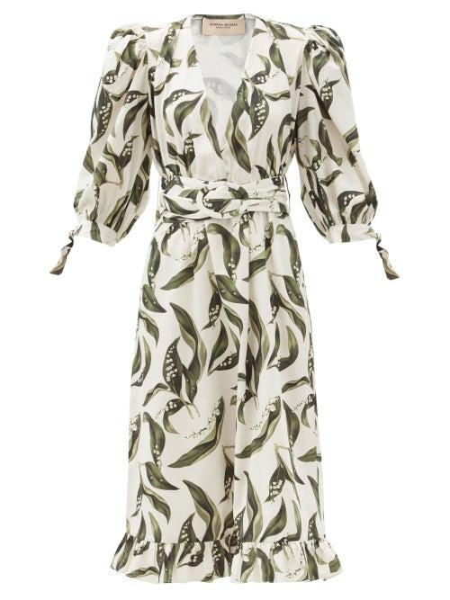 Matchesfashion.com Adriana Degreas - Floral-print Plunge-neck Cotton Midi Dress - Womens - Cream Print