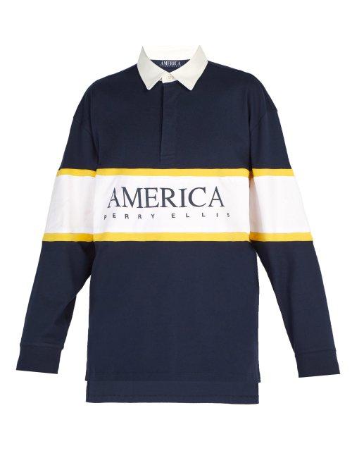 Matchesfashion.com Perry Ellis America - Striped Logo Print Cotton Polo Shirt - Mens - Navy Multi