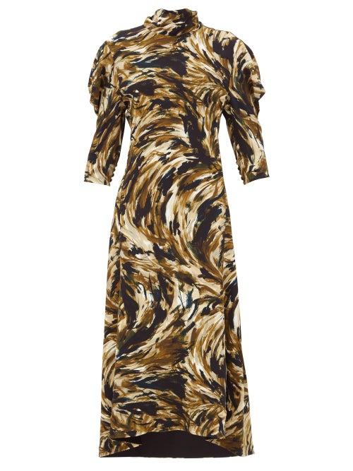 Matchesfashion.com Proenza Schouler - High-neck Feather-print Crepe Dress - Womens - Brown Multi