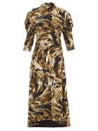 Matchesfashion.com Proenza Schouler - High-neck Feather-print Crepe Dress - Womens - Brown Multi