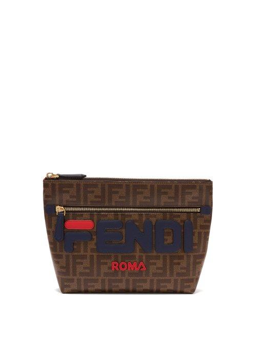 Matchesfashion.com Fendi - Mania Logo Appliqu Coated Canvas Pouch - Mens - Brown Multi