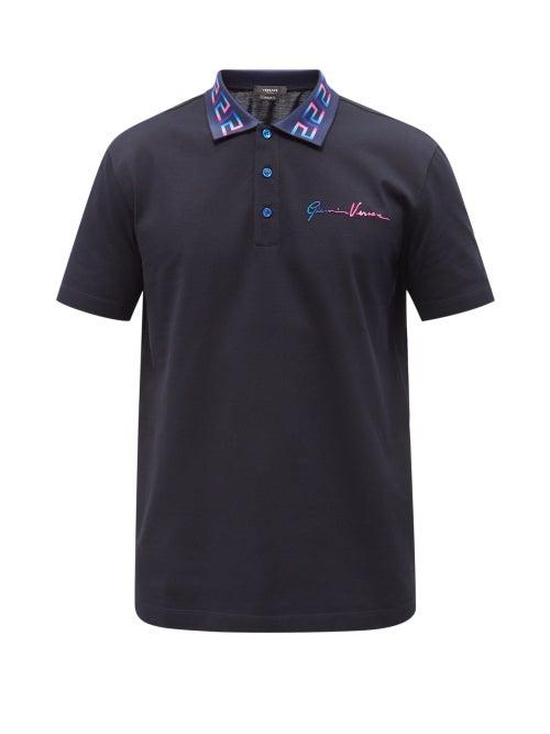 Versace - Greca-border Cotton-piqu Polo Shirt - Mens - Navy