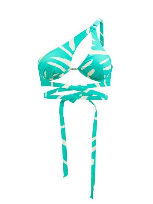Self-portrait - Brushstroke-print One-shoulder Bikini Top - Womens - Green Print