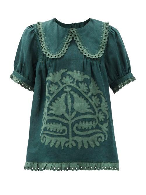 Matchesfashion.com Vita Kin - Shalimar Floral-appliqu Linen Blouse - Womens - Green