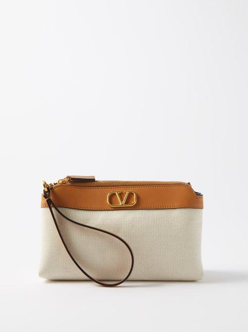 Valentino Garavani - V-logo Leather-trimmed Canvas Pouch - Womens - Tan White