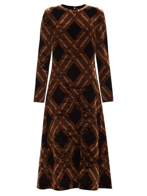 Saint Laurent - Check-jacquard Velvet Midi Dress - Womens - Brown Multi