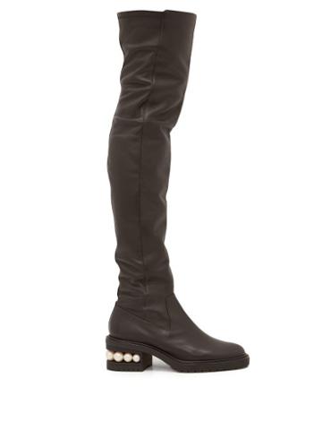 Matchesfashion.com Nicholas Kirkwood - Casati Pearl Heeled Leather Over The Knee Boots - Womens - Black