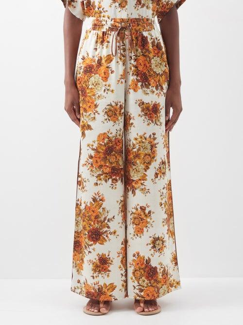 Ale Mais - Derby Floral-print Silk Trousers - Womens - Orange Print