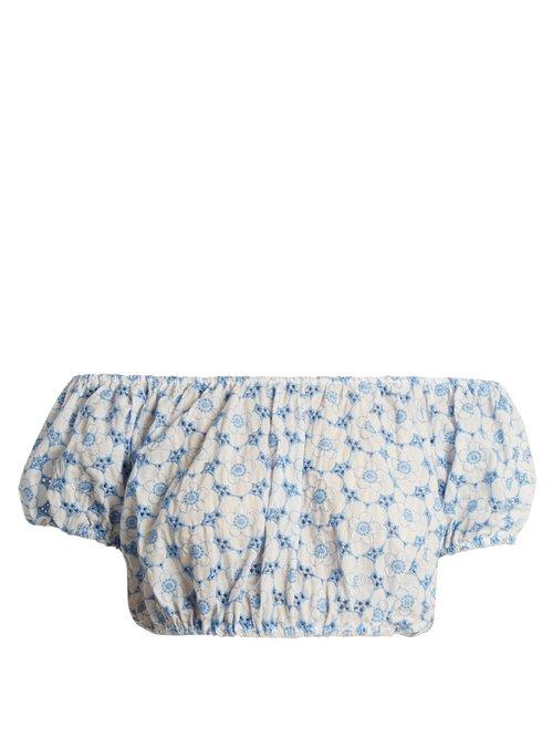 Matchesfashion.com Lisa Marie Fernandez - Leandra Floral Embroidered Cotton Cropped Top - Womens - Blue Multi