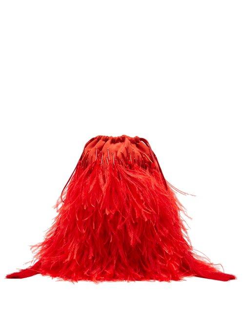 Matchesfashion.com The Attico - Beaded Ostrich Feather Satin Clutch Bag - Womens - Red