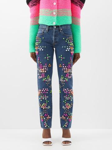 Germanier - Beaded Upcycled-denim Straight-leg Jeans - Womens - Blue Multi