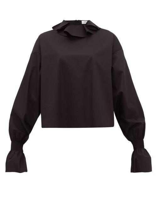 Matchesfashion.com Franoise - Ruffled Neck Cotton Poplin Blouse - Womens - Black