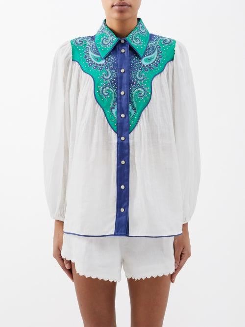 Zimmermann - Tiggy Applique Billow Linen Blouse - Womens - Ivory Green