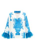 Matchesfashion.com Valentino - Feather-trimmed Delft-print Silk-twill Shirt - Womens - Blue White