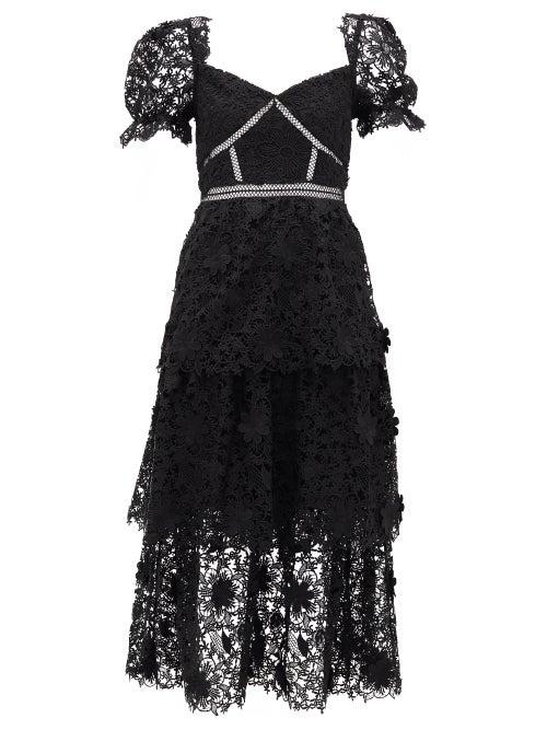 Matchesfashion.com Self-portrait - Tiered Floral Guipure-lace Midi Dress - Womens - Black