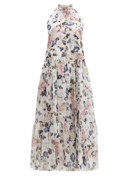 Matchesfashion.com Erdem - Julianne Apsley Floral Print Silk Voile Midi Dress - Womens - White Print
