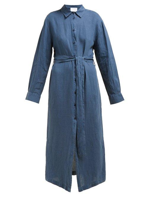 Matchesfashion.com Asceno - Tie Waist Linen Pop Shirtdress - Womens - Navy