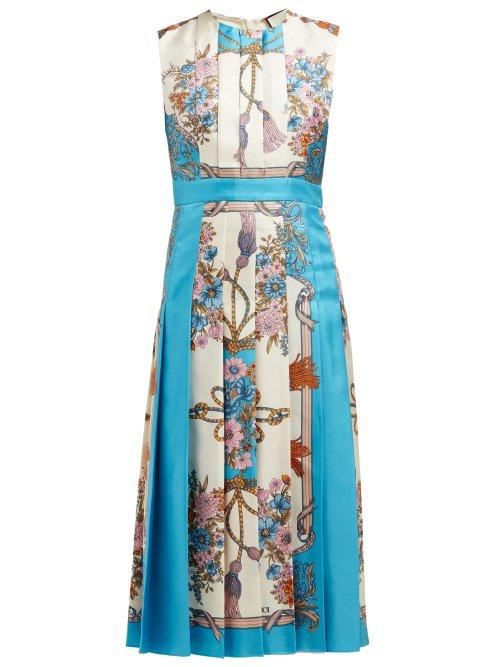Matchesfashion.com Gucci - Pleated Intrigue Print Silk Midi Dress - Womens - Blue Multi