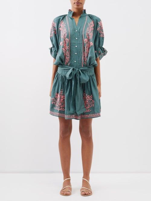 Juliet Dunn - Floral-embroidered Cotton Mini Dress - Womens - Green Multi