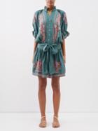 Juliet Dunn - Floral-embroidered Cotton Mini Dress - Womens - Green Multi