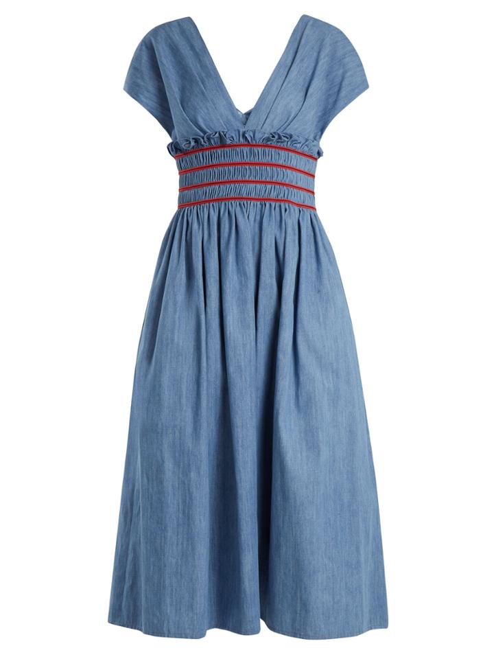 Miu Miu V-neck Smocked Cotton-chambray Dress