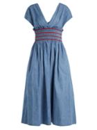 Miu Miu V-neck Smocked Cotton-chambray Dress