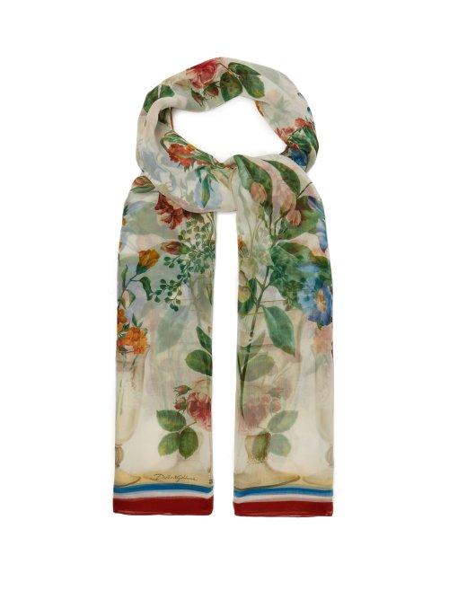 Matchesfashion.com Dolce & Gabbana - Floral Print Silk Chiffon Scarf - Womens - White