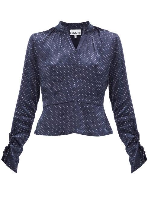 Matchesfashion.com Ganni - Open Back Polka Dot Satin Blouse - Womens - Navy
