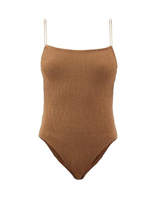 Ladies Beachwear Totme - Shirred Recycled-fibre Swimsuit - Womens - Light Brown