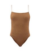 Ladies Beachwear Totme - Shirred Recycled-fibre Swimsuit - Womens - Light Brown
