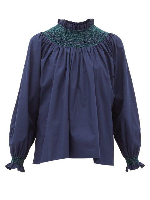 Matchesfashion.com Loretta Caponi - Maria Smocked Cotton-poplin Blouse - Womens - Navy Multi