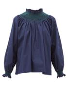 Matchesfashion.com Loretta Caponi - Maria Smocked Cotton-poplin Blouse - Womens - Navy Multi