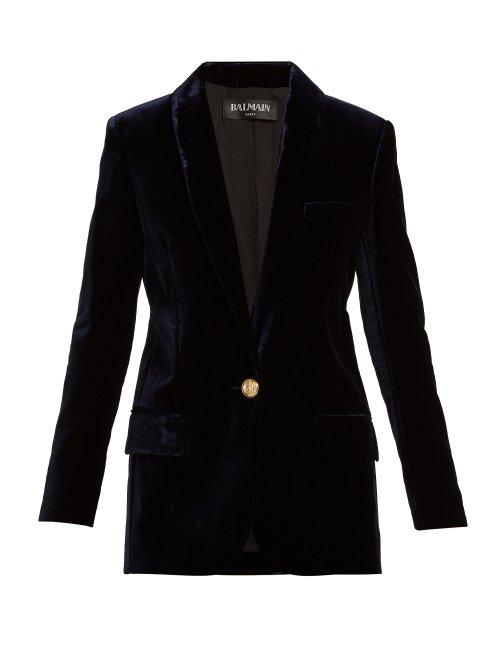 Matchesfashion.com Balmain - Single Breasted Velvet Blazer - Womens - Navy