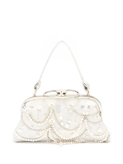 Matchesfashion.com Erdem - Crystal-embellished Floral-brocade Clutch Bag - Womens - White