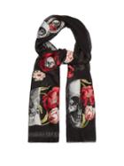 Matchesfashion.com Alexander Mcqueen - Rose And Skull Appliqu Chiffon Scarf - Womens - Black