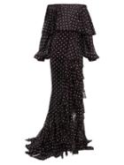 Matchesfashion.com Balmain - Polka-dot Off-the-shoulder Ruffled Silk Dress - Womens - Black White