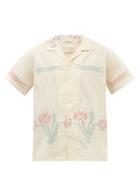 Harago - Embroidered Cotton Short-sleeved Shirt - Mens - Cream Multi