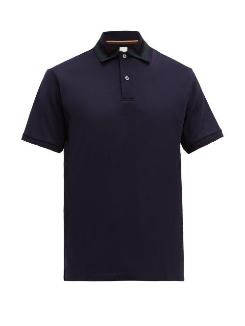 Matchesfashion.com Paul Smith - Striped Rib Knitted Collar Cotton Piqu Polo Shirt - Mens - Navy