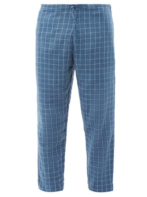 11.11 / Eleven Eleven - Windowpane-check Organic Cotton Trousers - Mens - Indigo