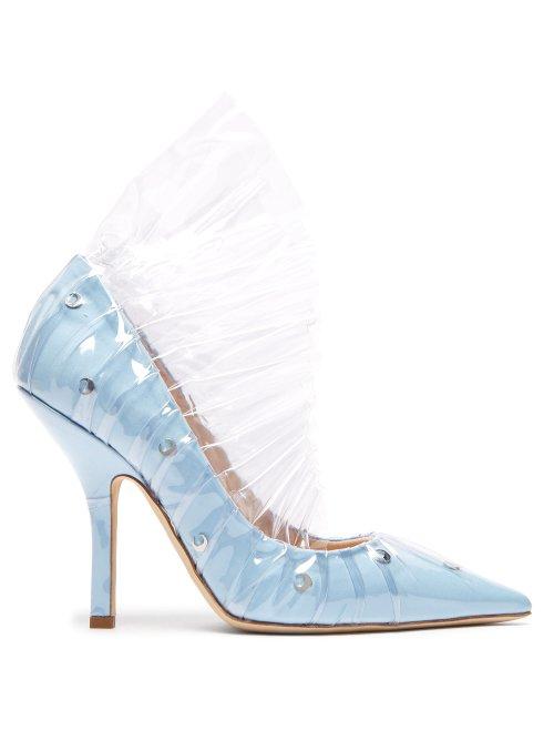 Matchesfashion.com Midnight 00 - Shell Crescent Cotton & Pvc Ruffle Pumps - Womens - Light Blue