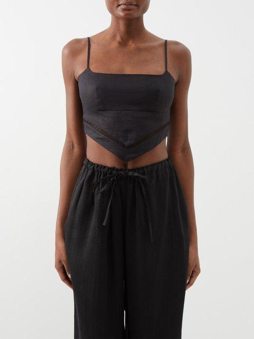 Staud - Loyalty Pointed-hem Linen Crop Top - Womens - Black
