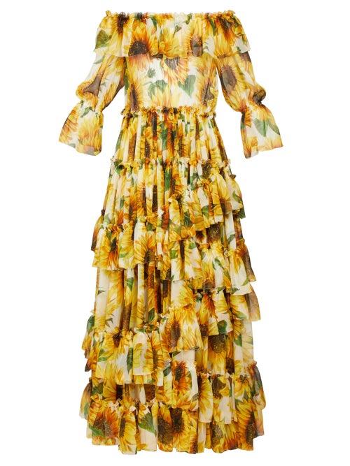 Matchesfashion.com Dolce & Gabbana - Sunflower Print Ruffle Tiered Chiffon Gown - Womens - Yellow Multi