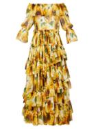 Matchesfashion.com Dolce & Gabbana - Sunflower Print Ruffle Tiered Chiffon Gown - Womens - Yellow Multi