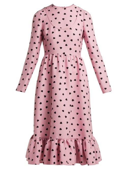 Matchesfashion.com Valentino - Heart Print Silk Crepe Midi Dress - Womens - Pink Print
