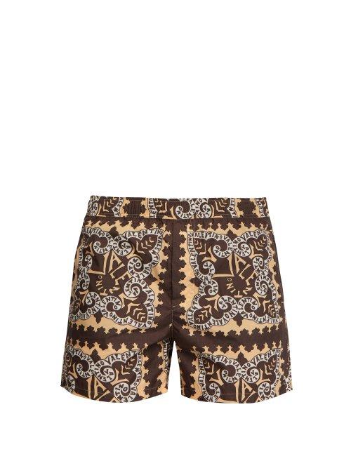 Matchesfashion.com Valentino - Bandana Logo Print Swim Shorts - Mens - Brown