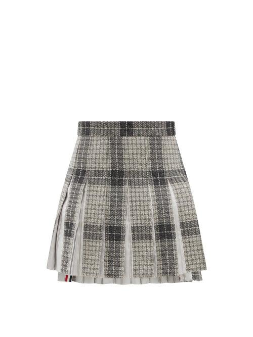 Ladies Rtw Thom Browne - Pleated Windowpane-check Wool-twill Skirt - Womens - Grey