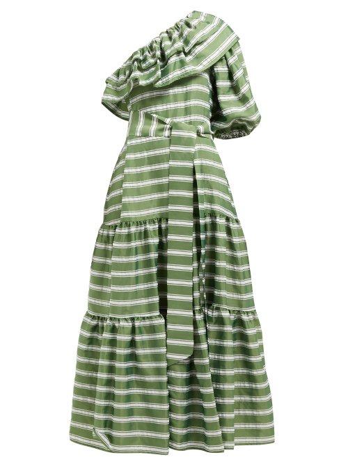 Matchesfashion.com Lisa Marie Fernandez - Arden One Shoulder Striped Satin Maxi Dress - Womens - Green White